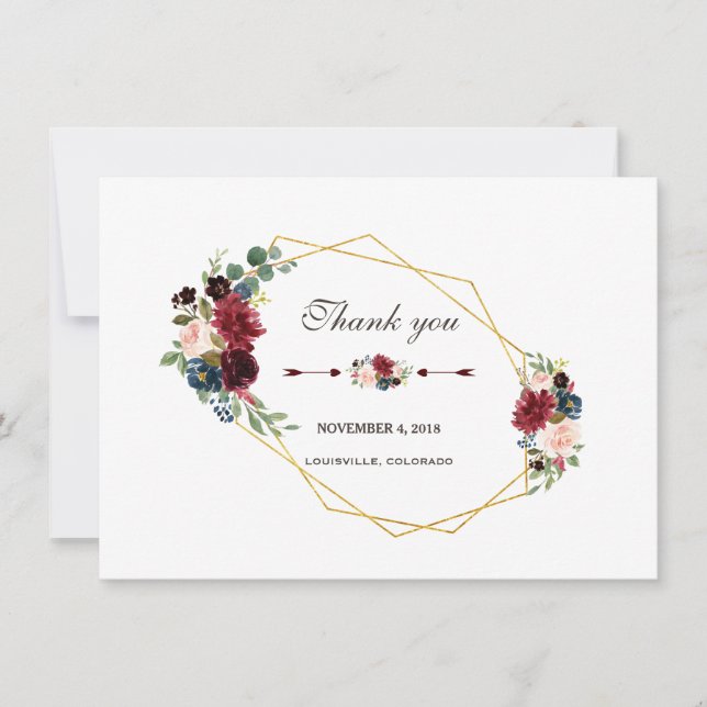 Merlot Navy Blue Floral Gold Frame Thank you (Front)