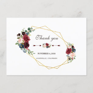 Merlot Navy Blue Floral Gold Frame Thank you Card