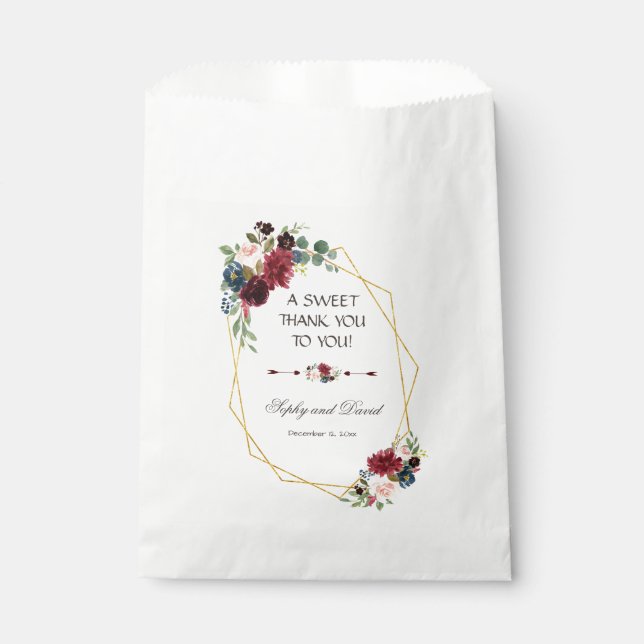 Merlot Navy Blue Floral Gold Frame THANK YOU Favour Bag (Front)