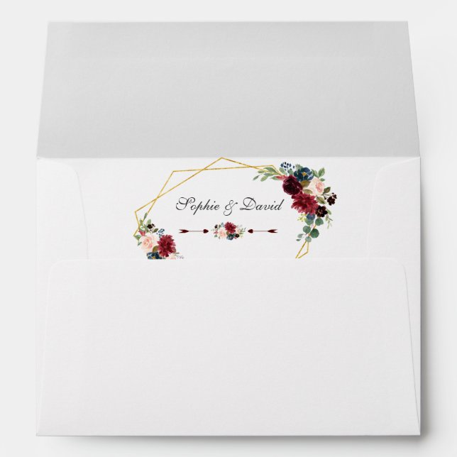 Merlot Navy Blue Floral Gold Frame Wedding Envelope (Back (Bottom))