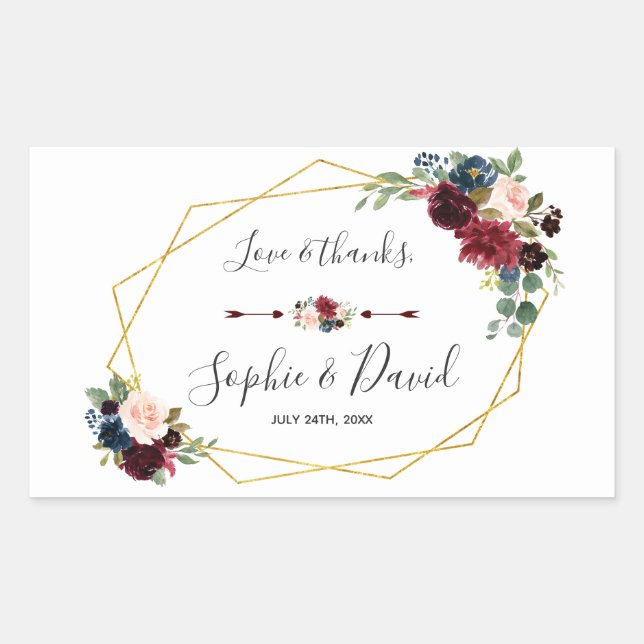 Merlot Navy Blue Floral Gold Frame Wedding Rectangular Sticker (Front)