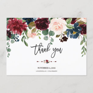 Merlot Navy Floral Wedding Handwriting Thank you Card