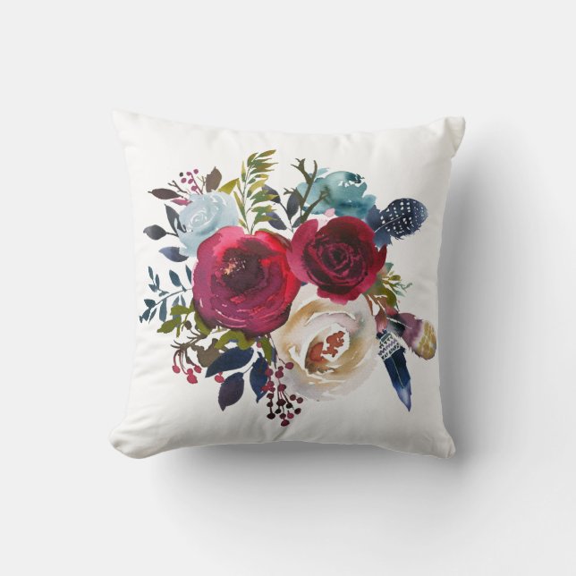 Merlot & Navy Watercolor Floral Throw Pillow (Front)