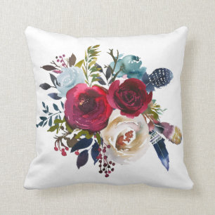 Merlot & Navy Watercolor Floral Throw Pillow