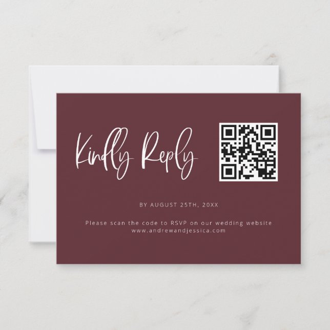 Merlot Red Modern Minimalist Wedding QR Code  RSVP Card (Front)