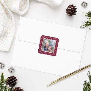 Merlot Red Plaid Frame Holiday Photo Square Sticker
