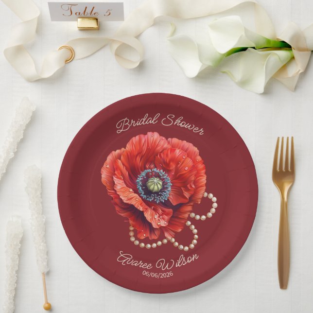 Merlot Red with Giant  Red Poppy Bridal Shower Paper Plate (Wedding)