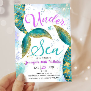 Mermaid 10th Birthday Girl Pink Teal Under the Sea Invitation