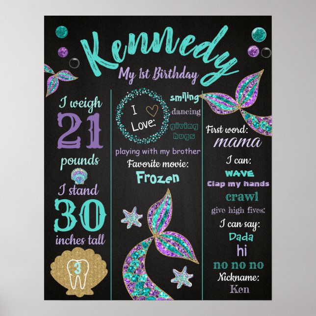 Mermaid 1st birthday chalkboard Poster, Milestone Poster (Front)