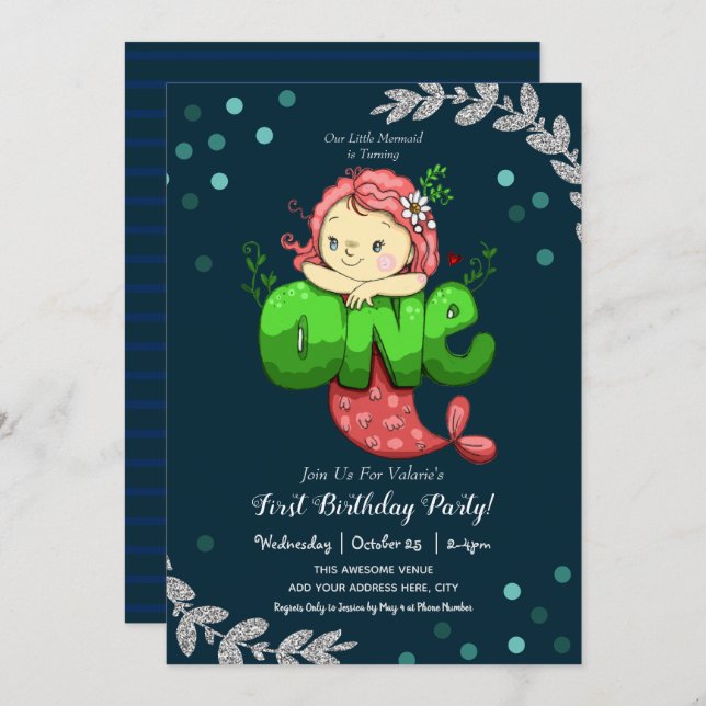 Mermaid 1st Birthday Cute Pink Invitation (Front/Back)