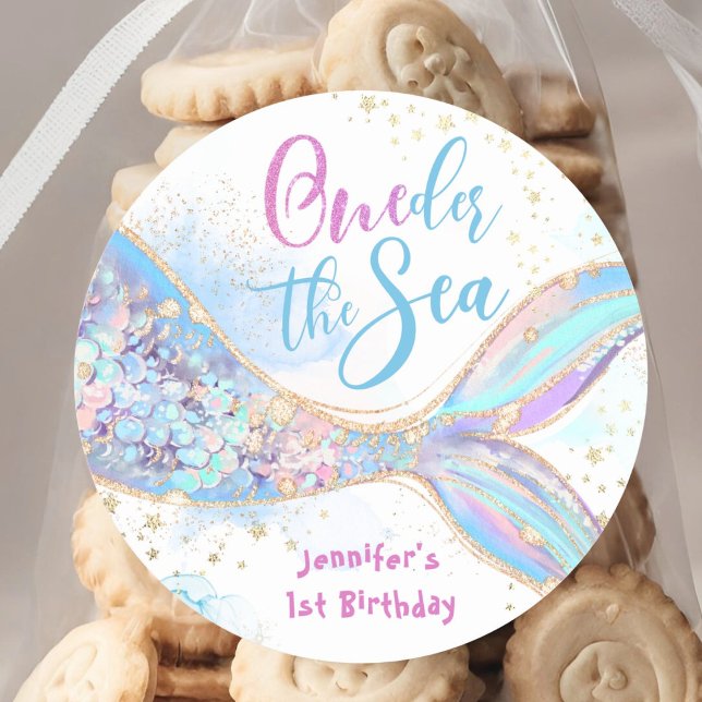 Mermaid 1st Birthday Oneder The Sea Blue Classic Round Sticker (Creator Uploaded)