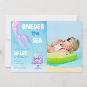 Mermaid 1st Birthday ONEder the sea Blue Photo Invitation
