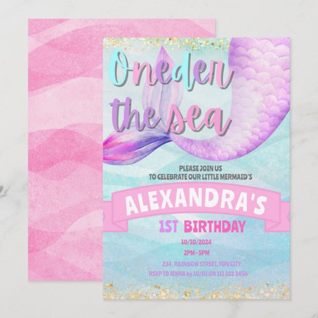 Mermaid 1st Birthday Oneder the Sea Invitation (Front/Back)