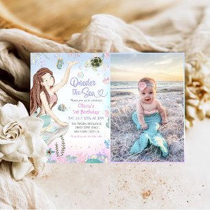 Mermaid 1st Birthday Oneder The Sea Party Photo Invitation