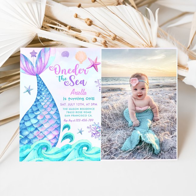 Mermaid 1st Birthday Oneder The Sea Party Photo Invitation (Creator Uploaded)