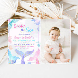 Mermaid 1st Birthday Oneder The Sea Party Photo Invitation