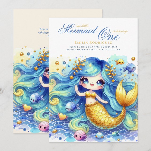 Mermaid 1st Birthday or EDIT AGE Teal GoldBeautifu Invitation (Front/Back)
