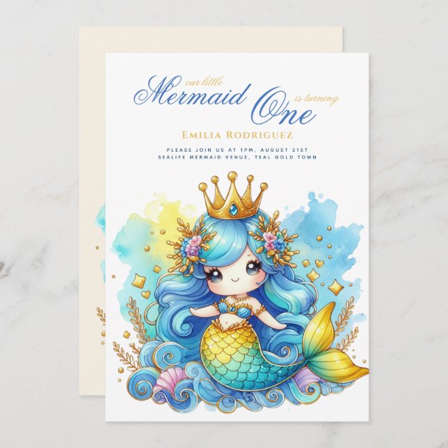 Mermaid 1st Birthday or EDIT AGE Teal GoldBeautifu Invitation (Front/Back)