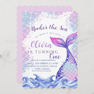Mermaid 1st Birthday Party Cute Pink Blue Sea  Invitation