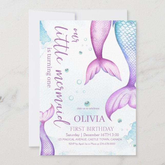Mermaid 1st Birthday Party Girls Little Mermaid  Invitation (Front)