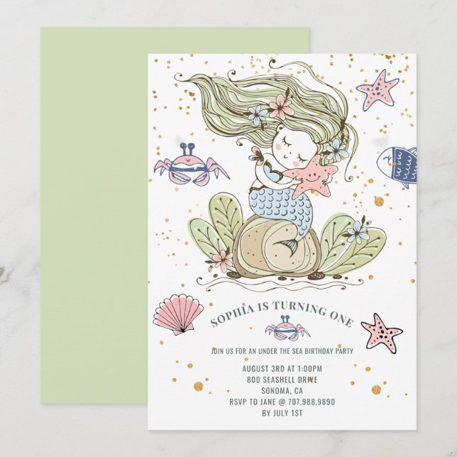 Mermaid 1st Birthday Party Green Invitation (Front/Back)