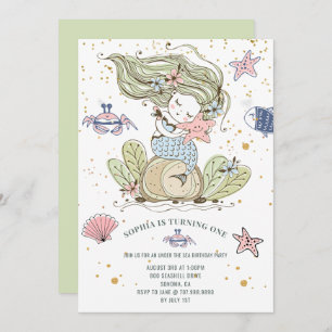 Mermaid 1st Birthday Party Green Invitation
