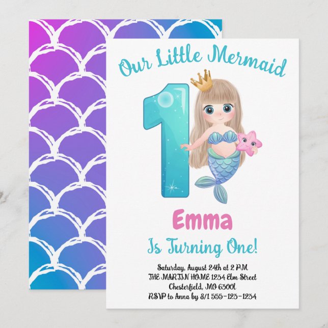 Mermaid 1st Birthday Party Invitation (Front/Back)