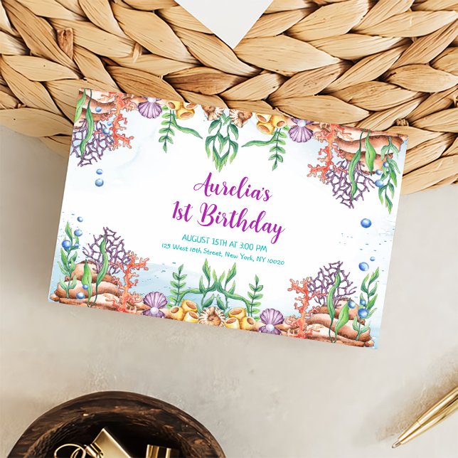Mermaid 1st Birthday Party Oneder The Sea Enclosure Card (Creator Uploaded)