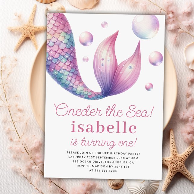 Mermaid 1st Birthday Party Oneder The Sea Girl  Invitation (Mermaid 1st Birthday Party Oneder The Sea Girl Invitation)