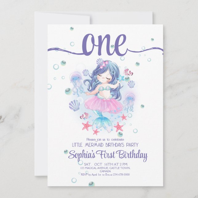 Mermaid 1st Birthday Party ONEder The Sea Mermaid  Invitation (Front)