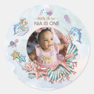 Mermaid 1st Birthday Party Photo ONEder The Sea  Classic Round Sticker