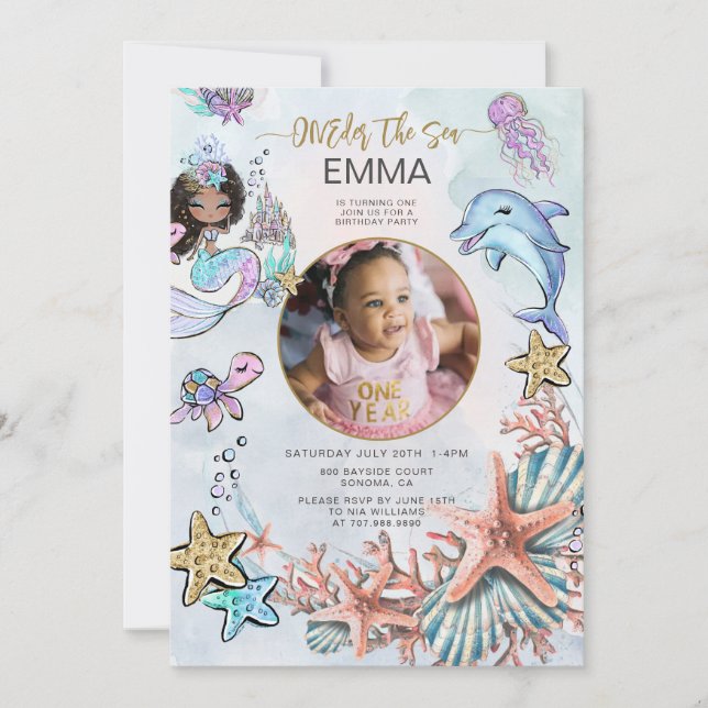 Mermaid 1st Birthday Party Photo ONEder The Sea  Invitation (Front)