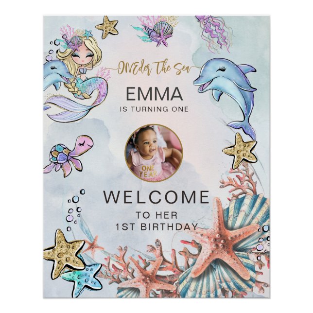 Mermaid 1st Birthday Photo ONEder The Sea Welcome Poster (Front)