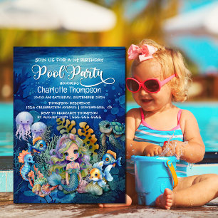 Mermaid 1st Birthday Pool Party Invitation