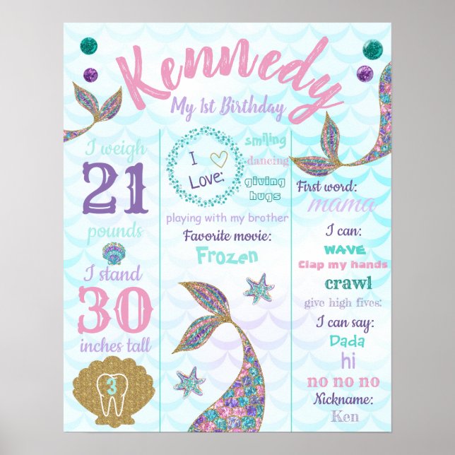 Mermaid 1st birthday Poster, Milestone Sign (Front)