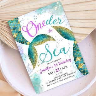 Mermaid 1st Birthday  Purple Teal ONEder the Sea Invitation