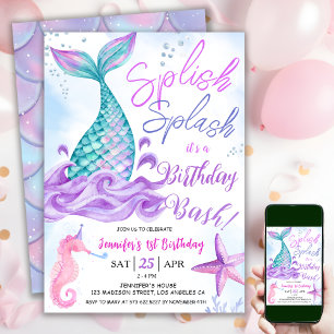 Mermaid 1st birthday "Splish Splash" Pink Purple Invitation