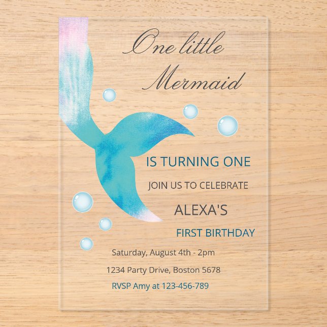 Mermaid 1st Birthday Under The Sea Mermaid Party  Acrylic Invitations (Front)