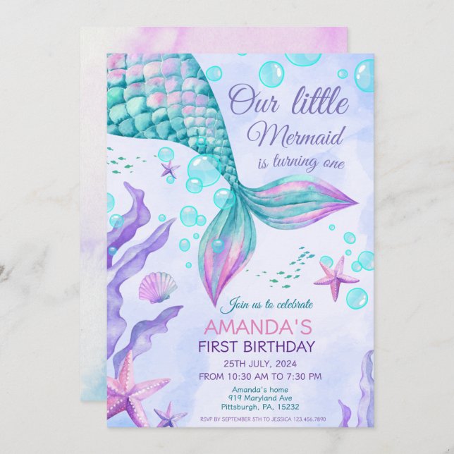 Mermaid 1st Birthday Under The Sea Mermaid Party Invitation (Front/Back)