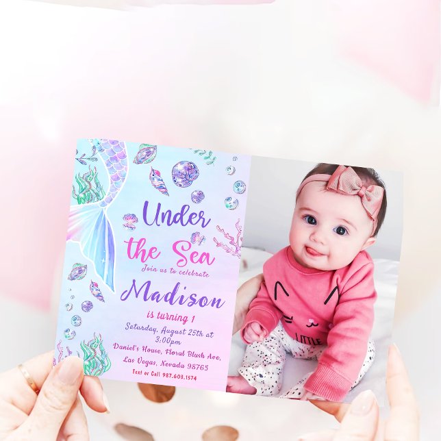Mermaid 1st Birthday Under The Sea Party Photo Invitation (Creator Uploaded)