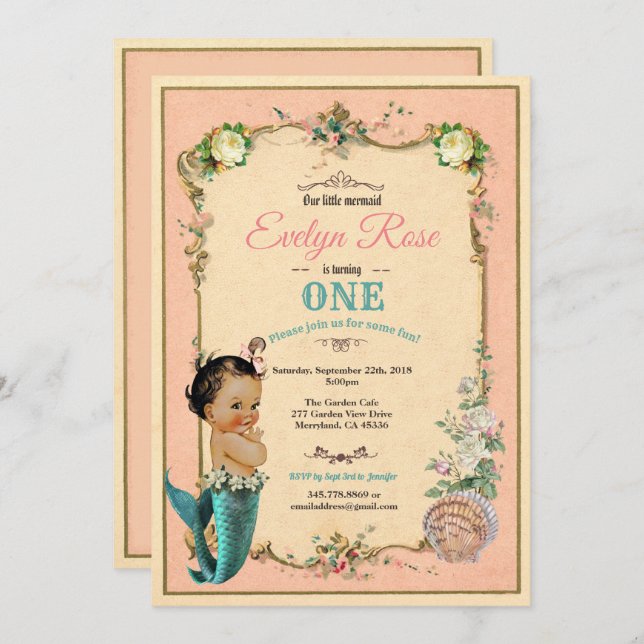 Mermaid 1st first birthday invitaion pink invitation (Front/Back)