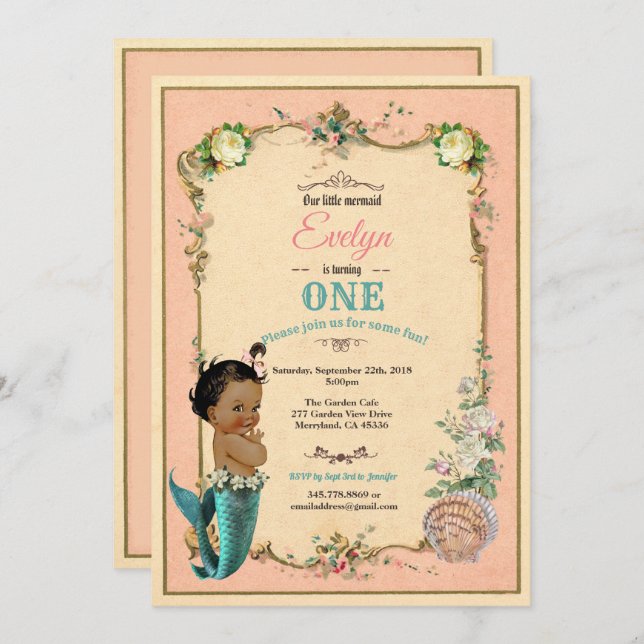 Mermaid 1st first birthday invitaion pink invitation (Front/Back)