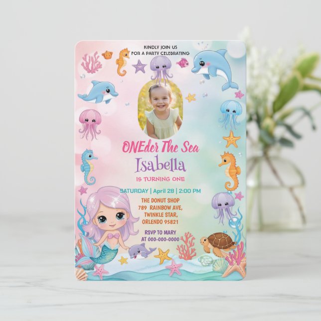 Mermaid 1st Photo Oneder Ocean birthday Invitation (Standing Front)