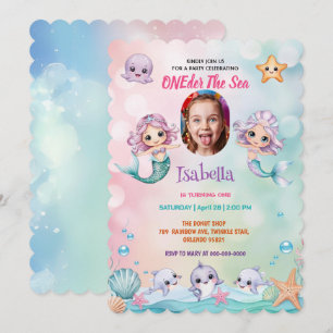 Mermaid 1st Photo Oneder Ocean birthday Invitation
