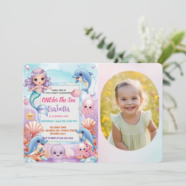 Mermaid 1st Photo Under the sea birthday Invitation (Standing Front)