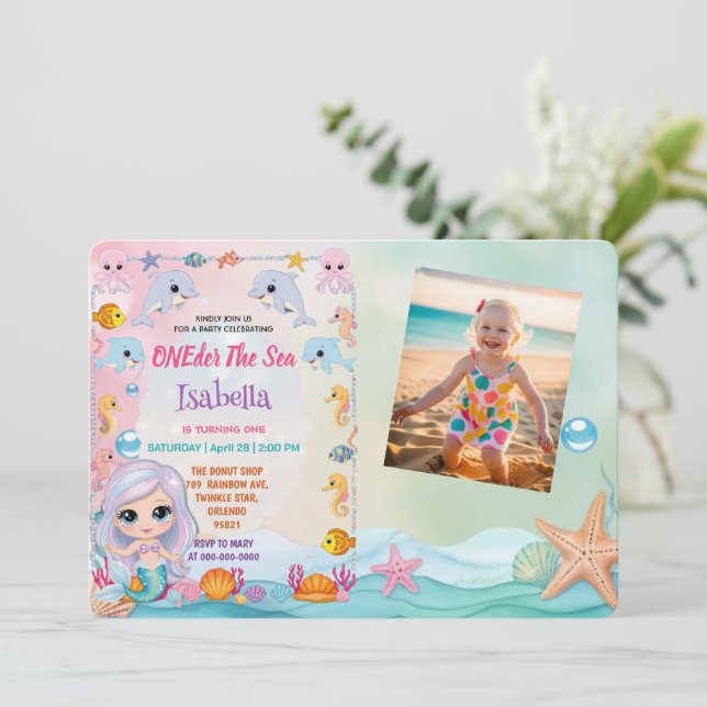 Mermaid 1st Photo Under the sea birthday Invitation (Standing Front)