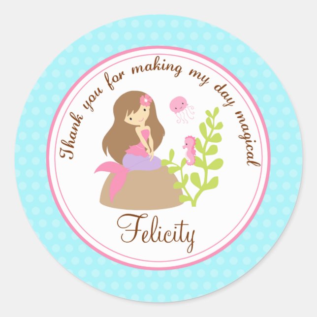 Mermaid 2inch round personalised favour tag (Front)
