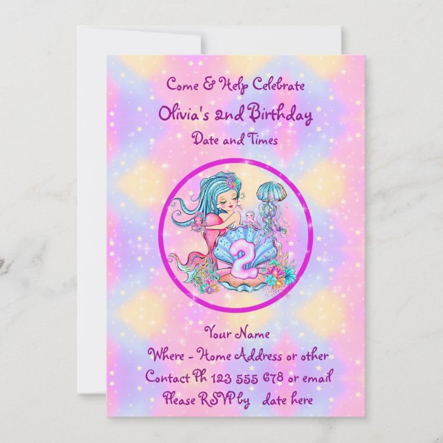 Mermaid 2nd Birthday Change Edit Text Personalise  Invitation (Front)