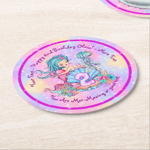 Mermaid 2nd Birthday Change Edit Text Personalise Round Paper Coaster