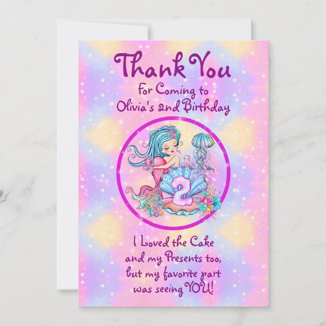 Mermaid 2nd Birthday Change Edit Text Personalise  Thank You Card (Front)